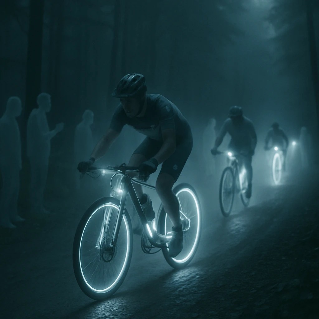 深夜の霧に包まれた林道サーキットで、半透明な幽霊サイクリストたちが光るeバイクで競い合う様子。