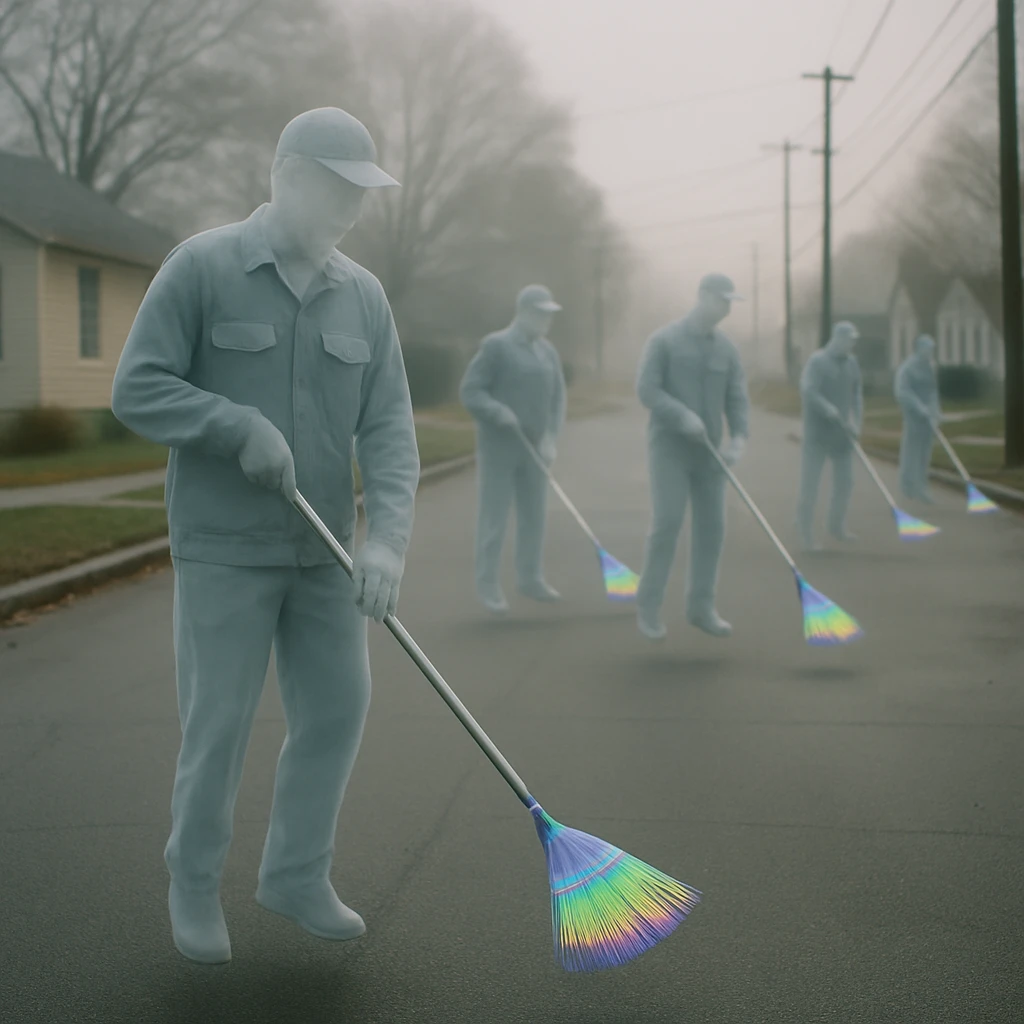 虹色のほうきを持った半透明の清掃員たちが霧に包まれた住宅街で浮かびながらごみを掃除している様子の写真。