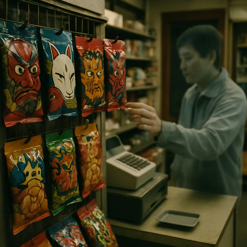 レジ前に様々な奇抜なお菓子が並び、透明感のある幽霊風の人物が商品を手に取ろうとしているコンビニ店内の写真。