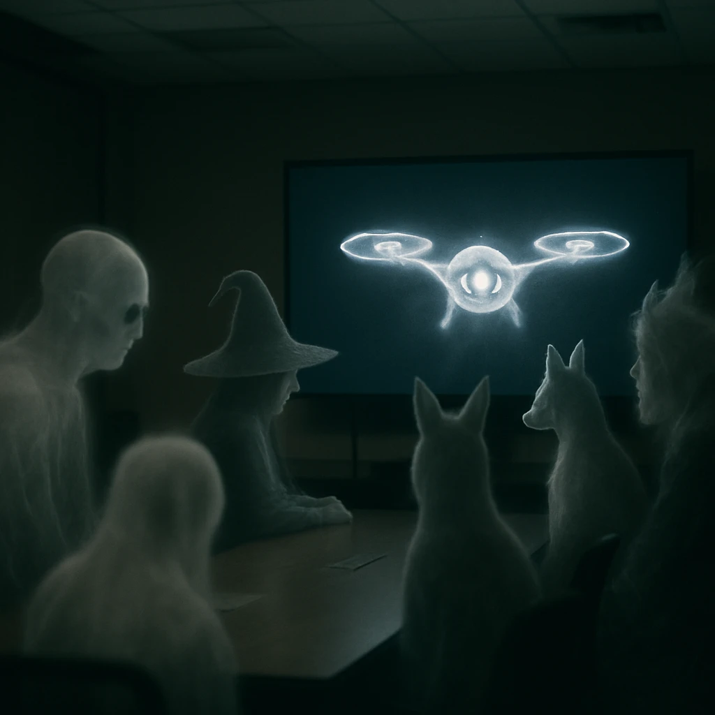 幽界の会議室で、半透明の幽霊たちと妖怪がデジタル画面に映し出されたAI監視官を見つめている様子。