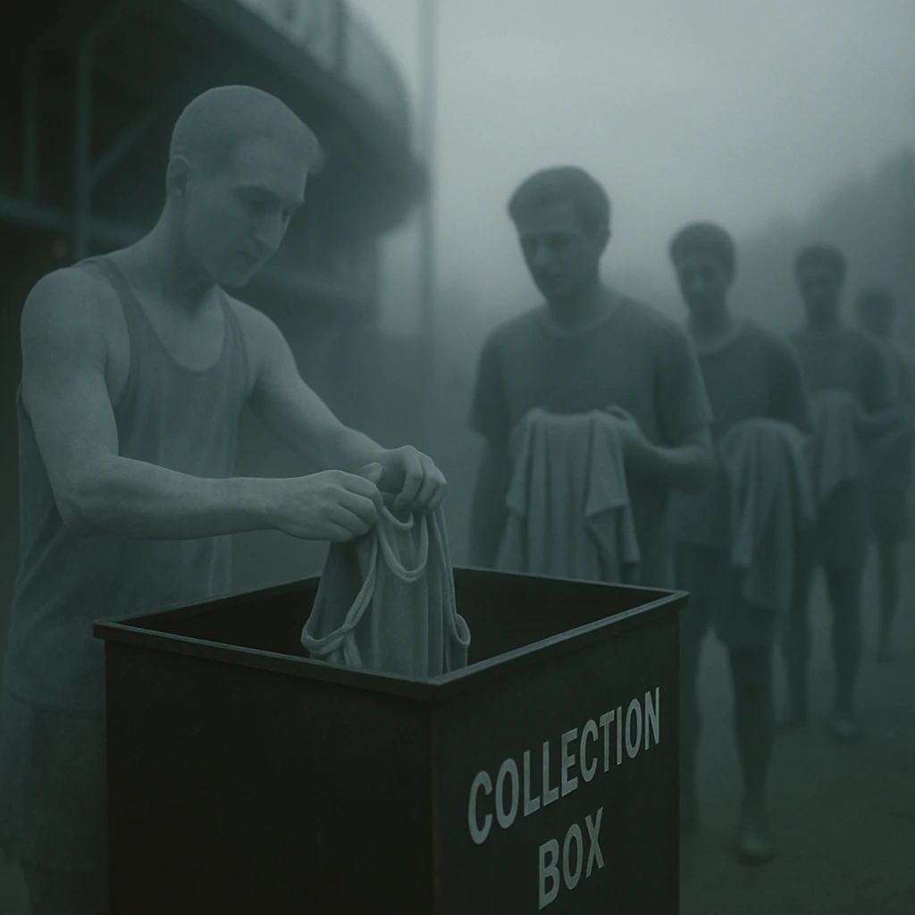 霧がかった競技場の外で、半透明の幽霊アスリートがユニフォーム回収ボックスに古いユニフォームを入れている様子。