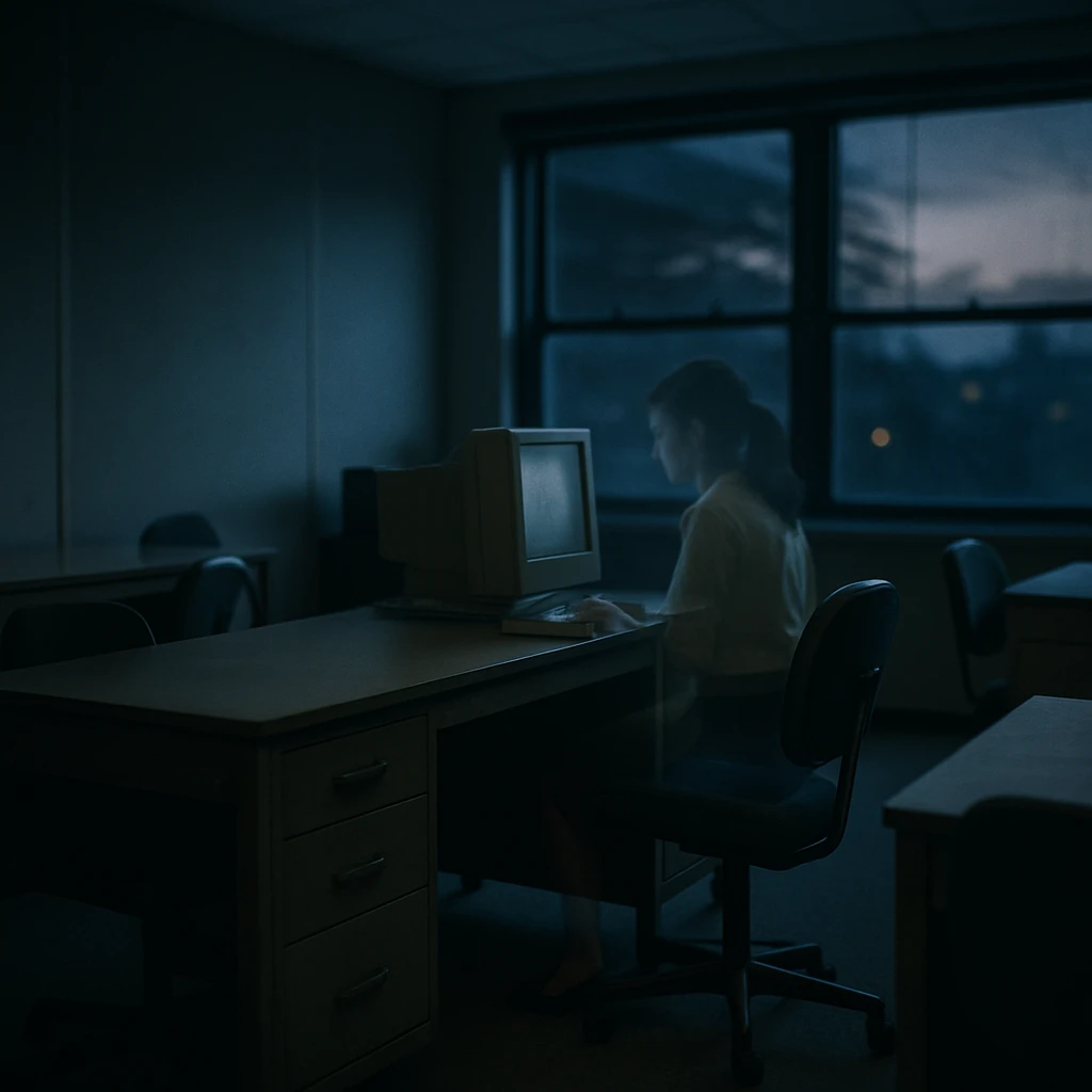 夕暮れの薄暗いオフィスに、薄く透けた女性の幽霊がパソコンに向かっている写真。