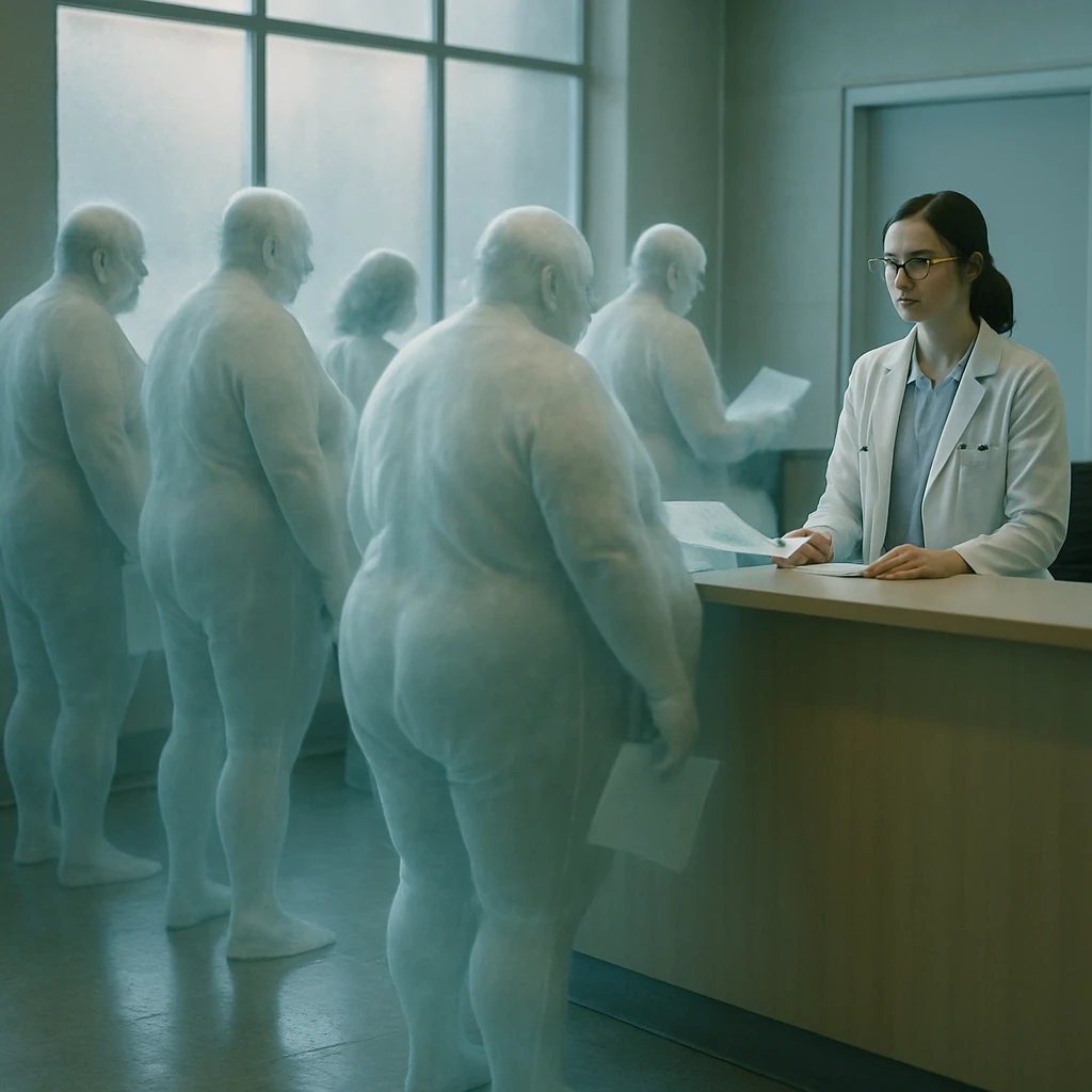 医療クリニックの受付で、淡く半透明の太った幽霊たちが順番を待っている様子の写真。