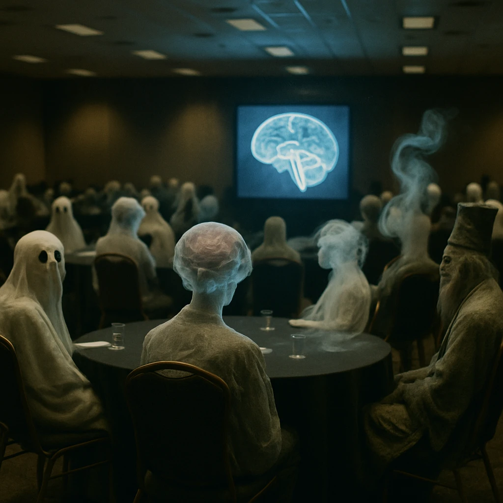 多様な妖怪や霊体が集う暗い会議場でホログラムの脳画像を見つめる人々の様子。
