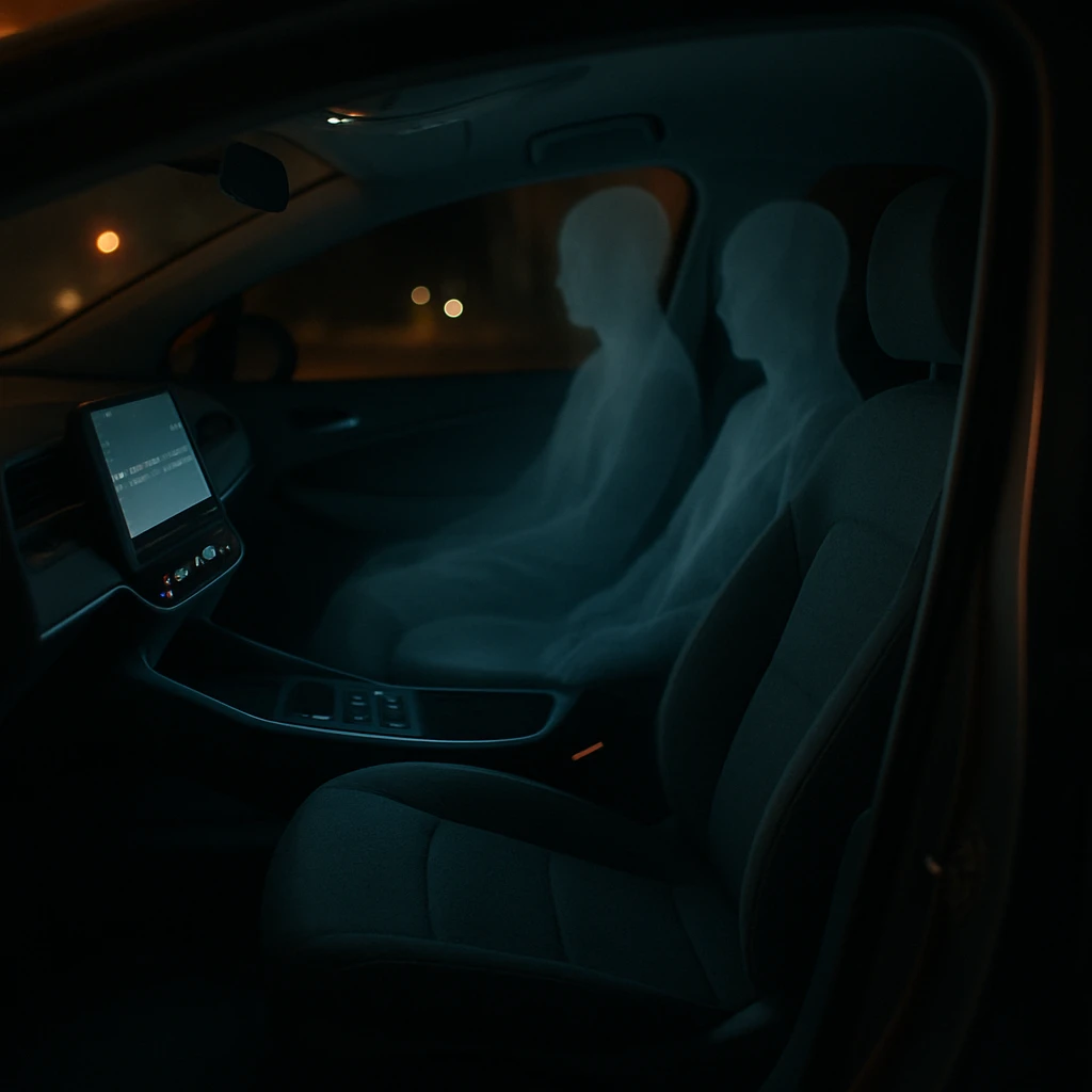 運転席やハンドルが全くない先進的な車内に、半透明の幽霊のような乗客が座っている夜の様子。