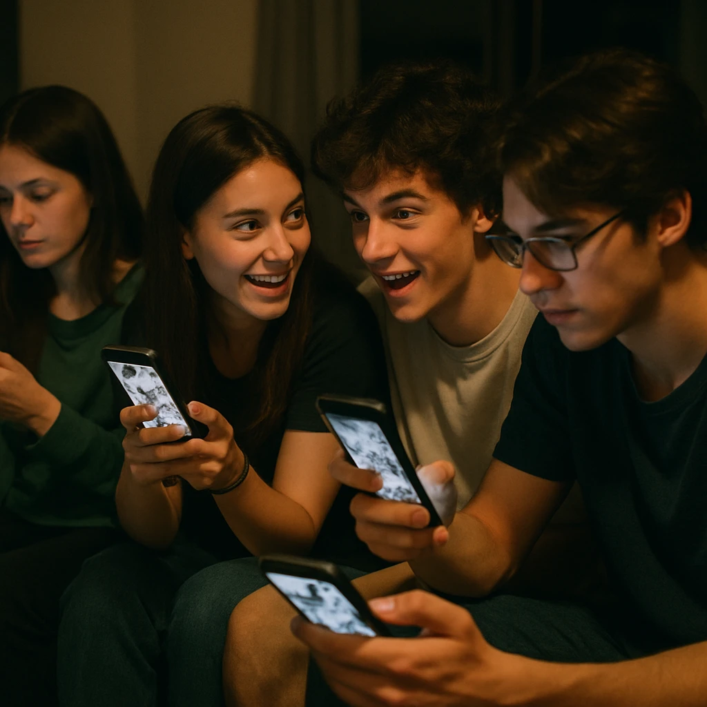 暗い部屋で複数人がスマートフォンを操作し合い、漫画アプリの画面を見せ合っている様子の写真。