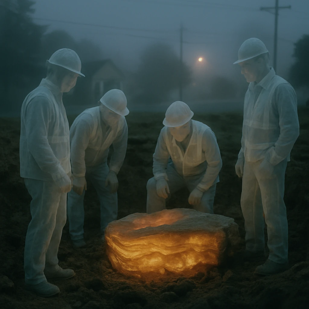 夜の霧の中、半透明の作業員たちが不思議に光る地層の砂岩を囲む地下工事現場の写真。
