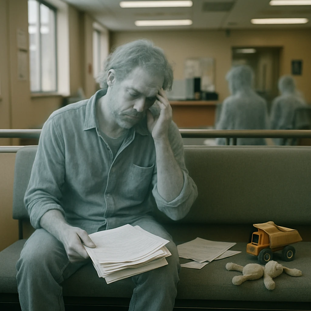 現代的な役所のベンチに座り、半透明で疲れた表情の幽霊育児者が書類や子どものおもちゃに囲まれている写真。