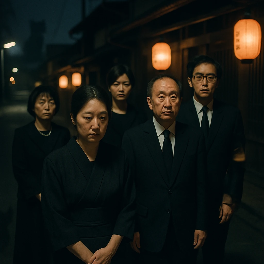 夜の薄暗い参道で、和装の人々が集い、猫の影やほのかな光る提灯が並ぶ様子を写した写真。