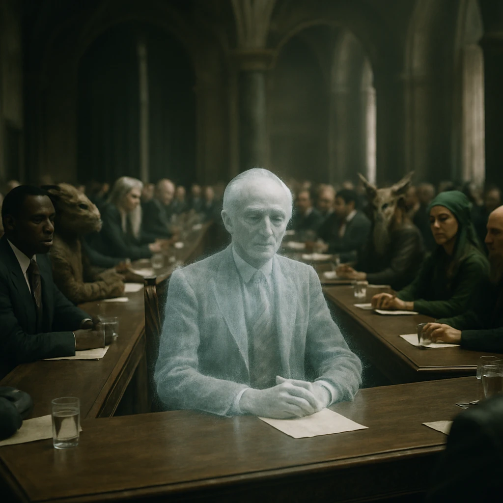 幽玄な会議場で様々な姿の外交官たちが着席し、中央には薄く透明な亡霊大使が議長席に座る光景。