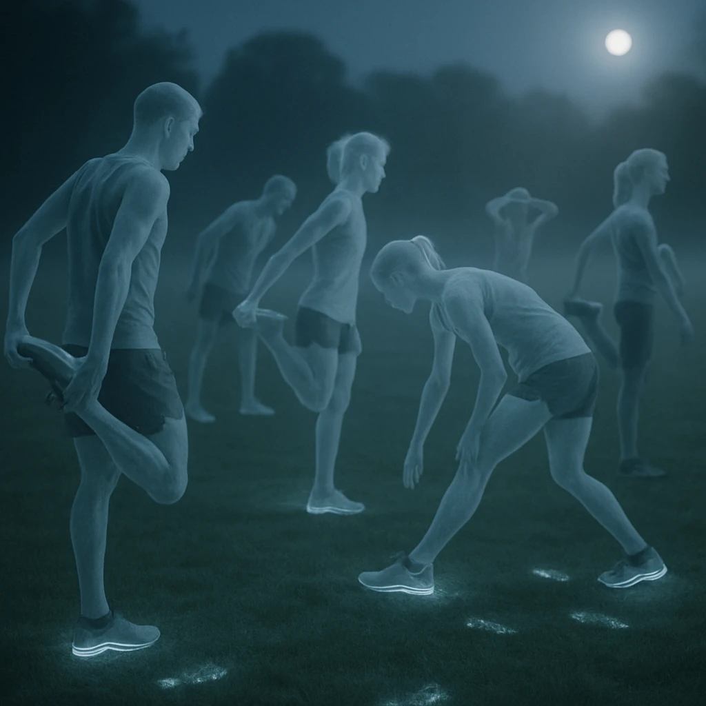 霞ヶ原の夜、半透明の幽霊ランナーたちが薄緑の草原でゼロドロップシューズを履きながらストレッチしている様子。