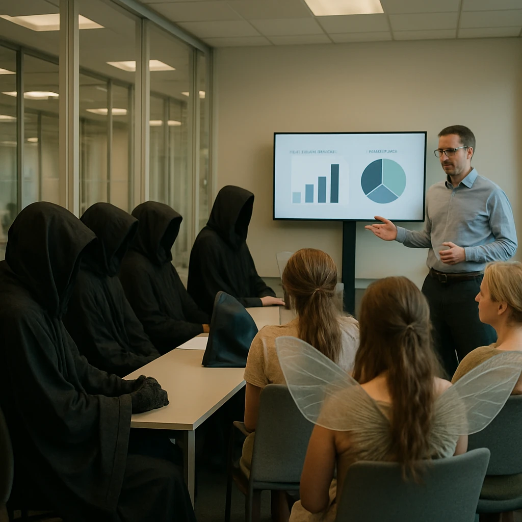 死神や妖精に扮した人々が会議室で人事担当者のプレゼンテーションを真剣に聞いている様子の写真。