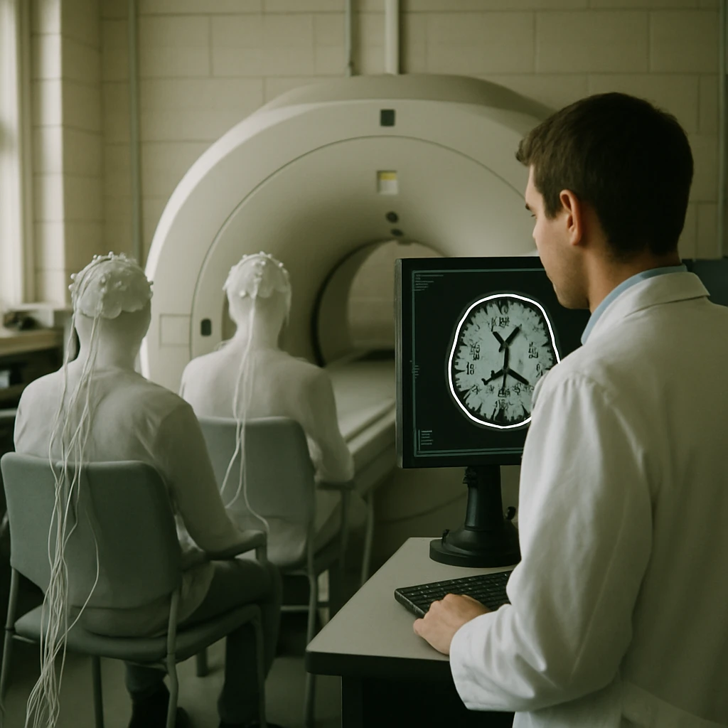 大学の脳科学研究室で、研究者が先端MRI装置と脳スキャン画像を前にして半透明の幽霊被験者たちを観察している様子の写真。