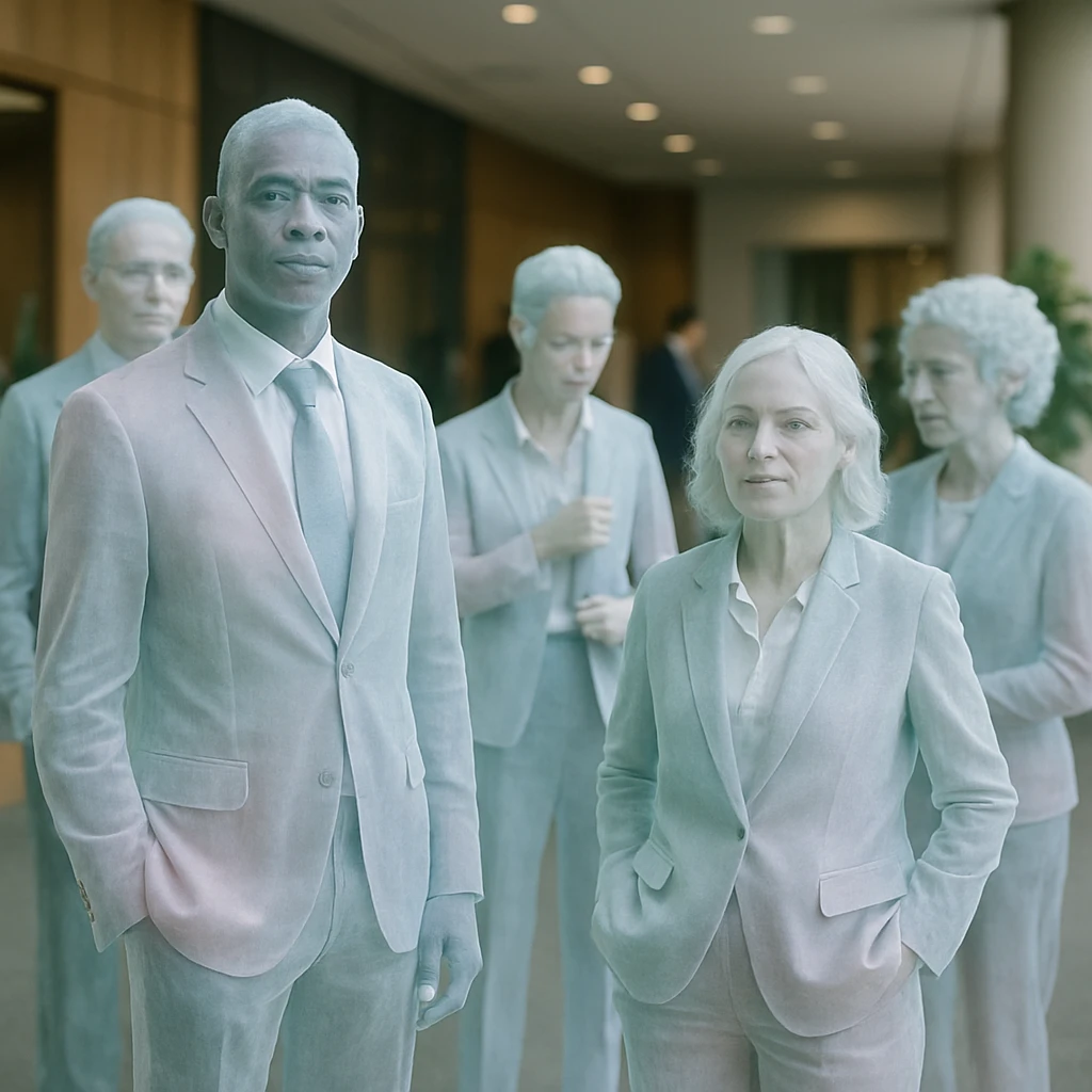 現代的な銀行のロビーで、さまざまな透明感のあるジェンダーレス制服を着用した幽霊の行員たちが自然に集まっている様子。