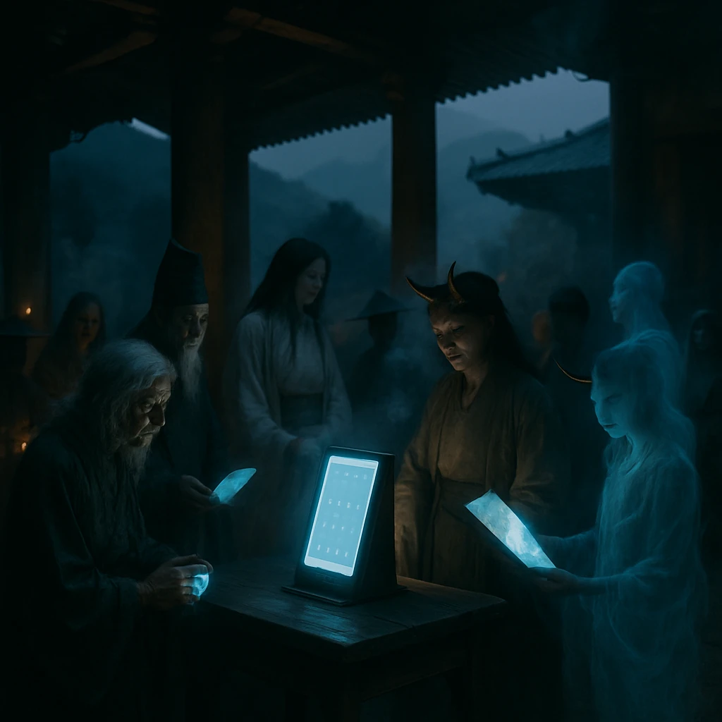 山中の寺院本堂で幽霊や妖怪たちがデジタル台帳の前に集まり、功徳NFTを取引しているリアルな写真風の光景。