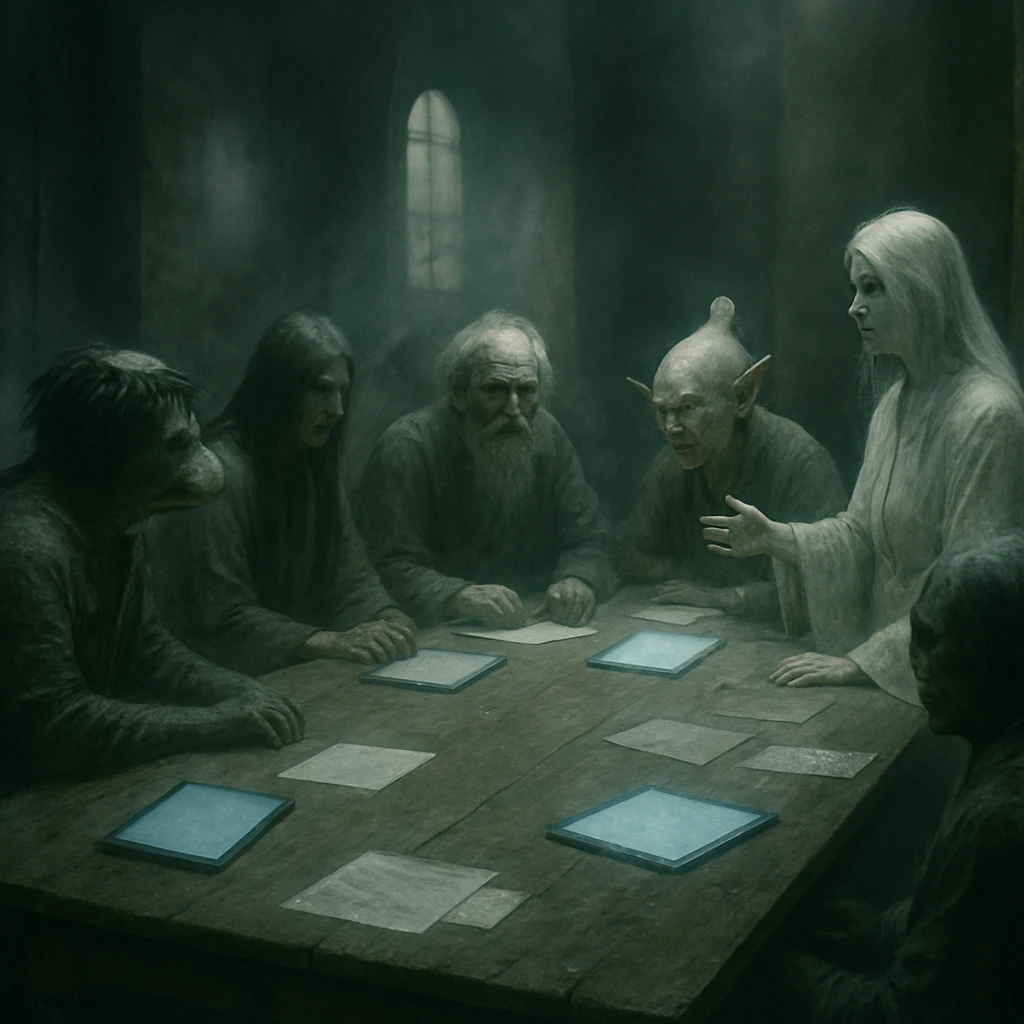 幽霊や妖怪が集まるお化け議会の一室で、デジタル端末や霊的な書類が広がる中、真剣な議論が交わされている様子の写真。