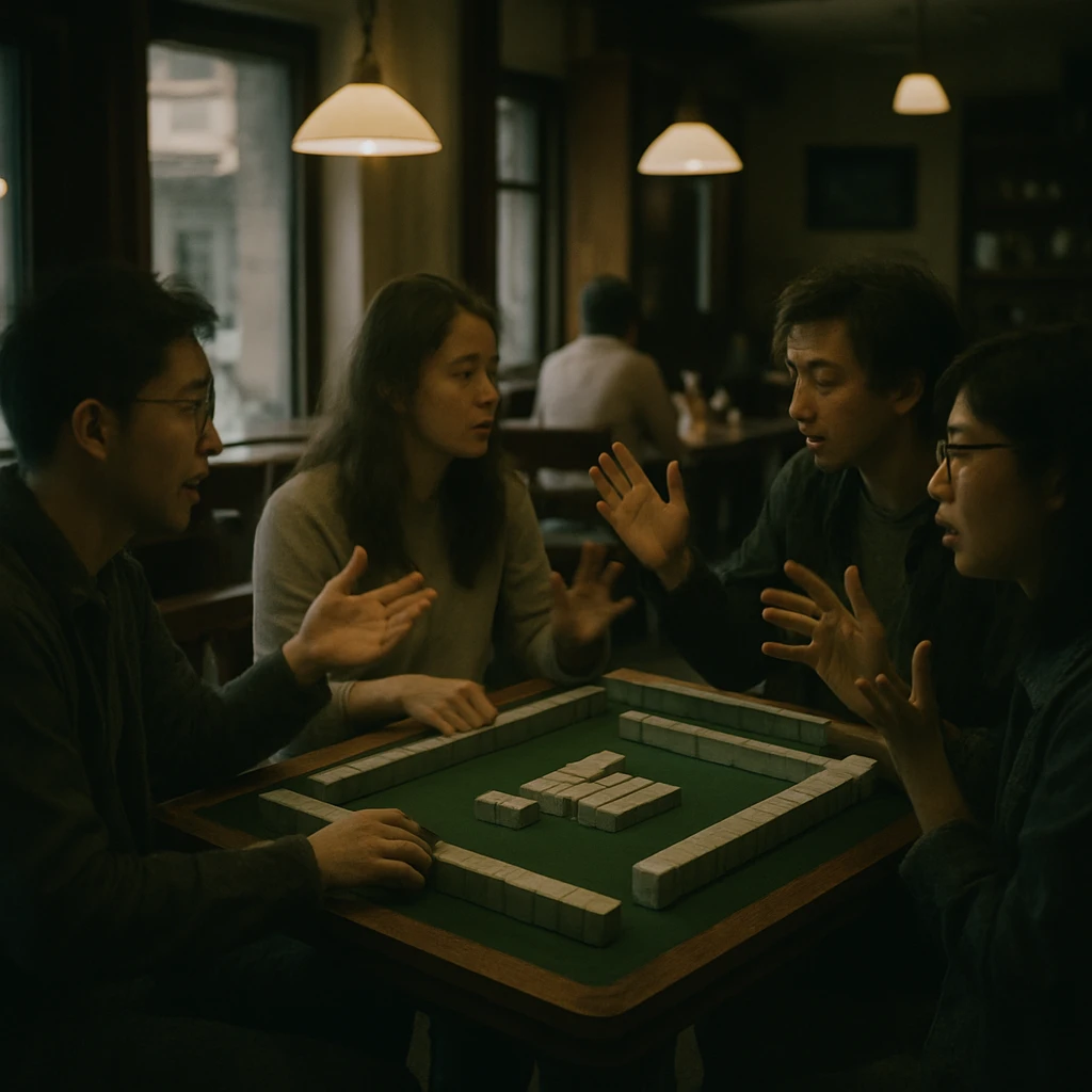 半透明の若者たちが麻雀卓を囲み、カフェで会話しながら麻雀を打っている様子の写真。