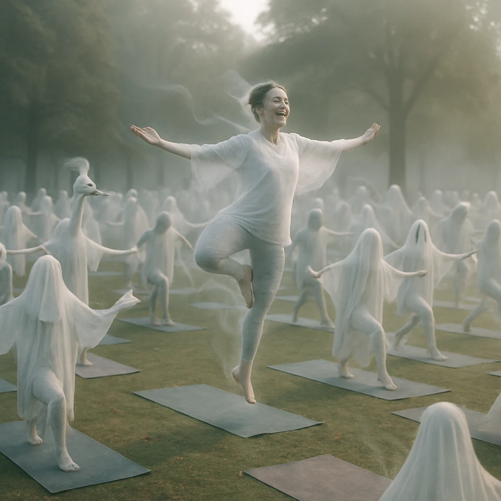 霧がかった公園で、幽霊や妖怪の姿をした人々がヨガマットの上でポーズをとる屋外フィットネスイベントの様子。