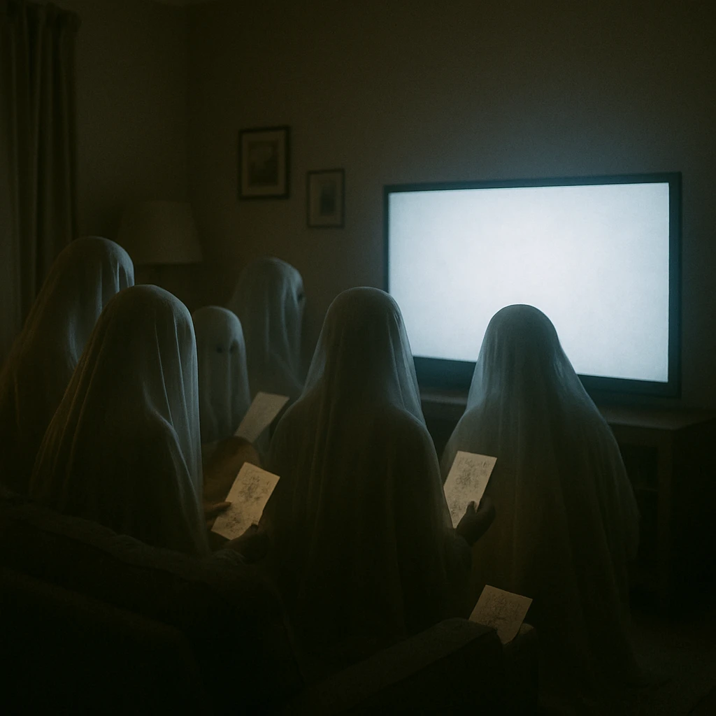 夜の薄暗いリビングでテレビ画面の明かりに照らされながら複数の幽霊が集まり、手に供養札のようなものを持っている様子の写真。