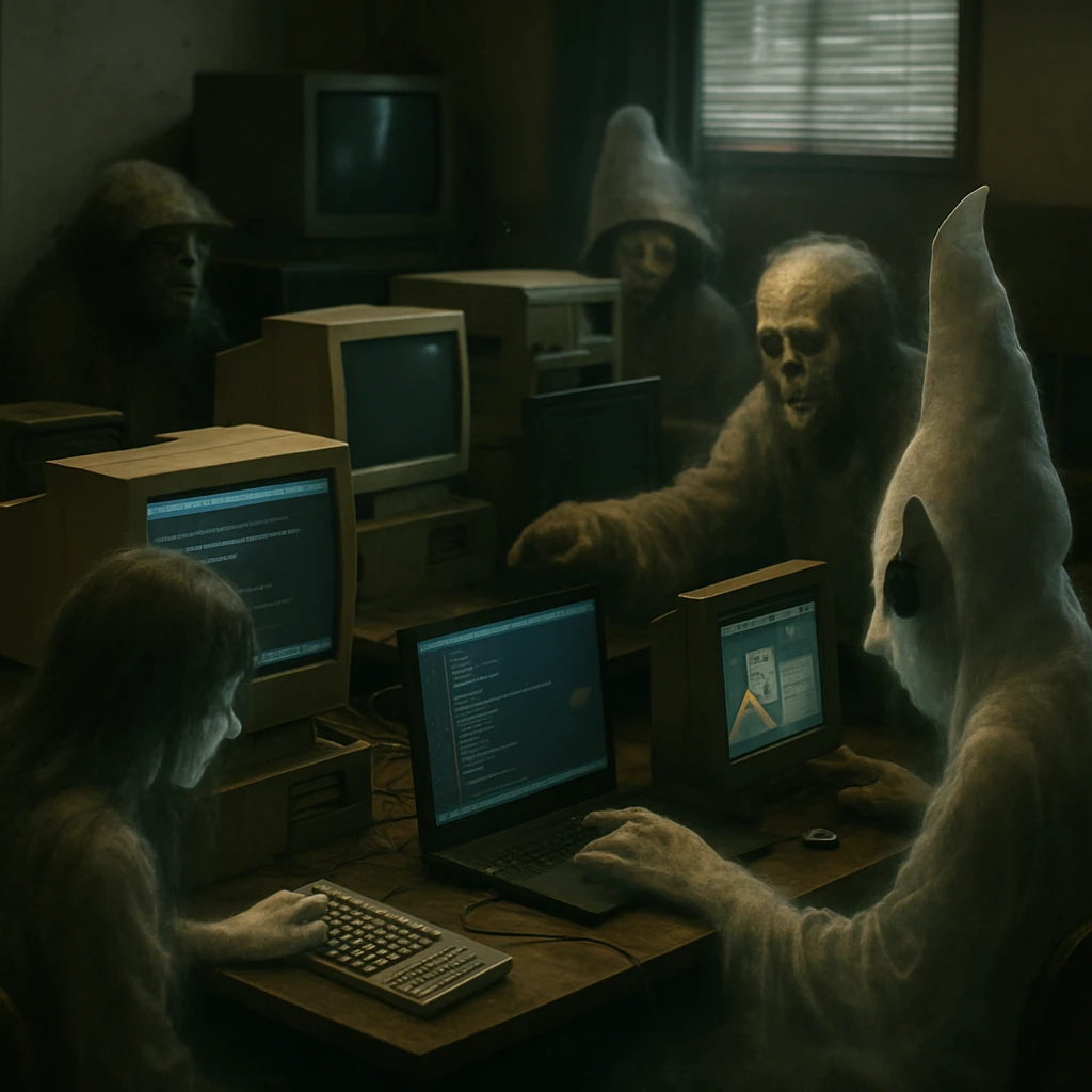薄暗い部屋で複数の幽霊や妖怪が古いパソコンを囲み、ゲーム制作に熱中している様子の写真。