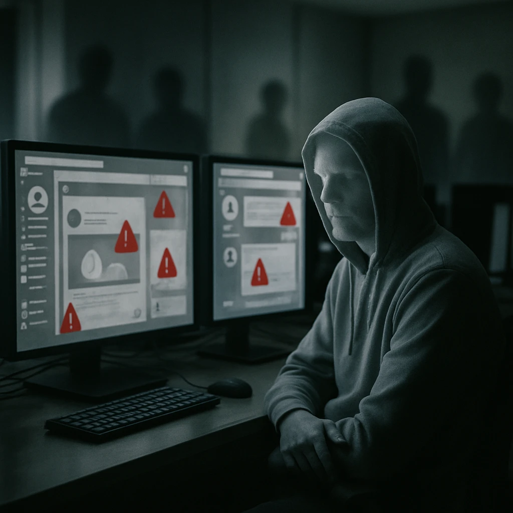 薄暗い操作室で、透明な姿の男性が複数のSNS画面を前に座っている写真。