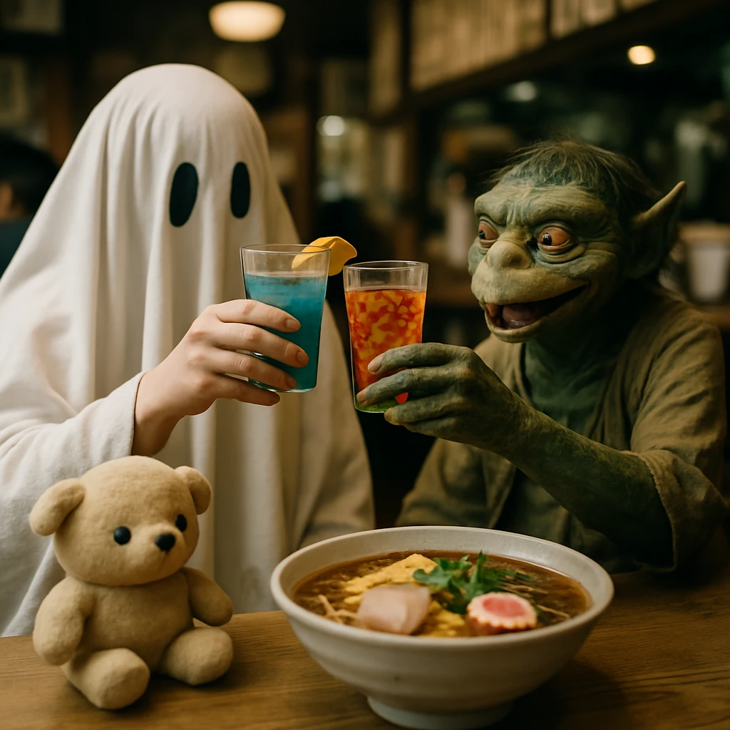 ぬいぐるみと一緒に色とりどりのグラスで乾杯しながらラーメンを囲む幽霊と妖怪の写真。