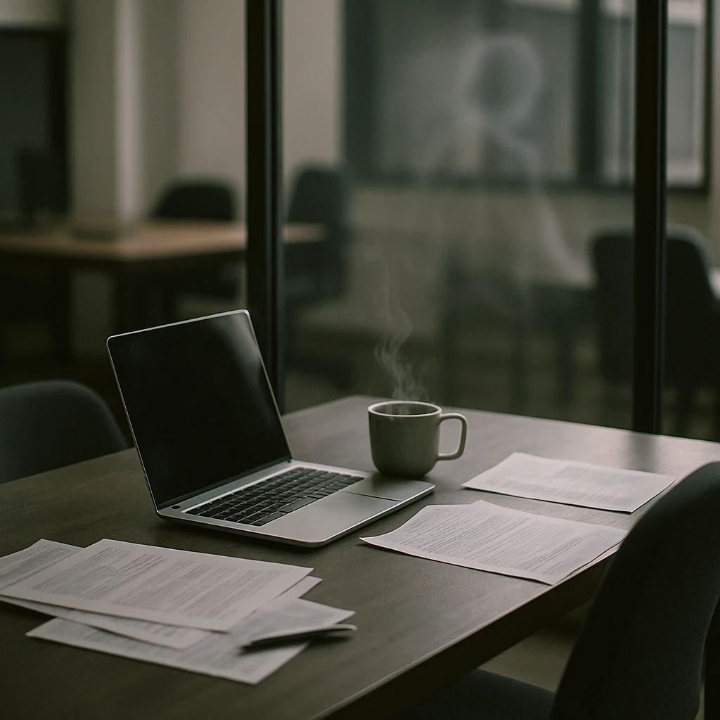シェアオフィスの机にパソコンやお茶が置かれ、ガラス越しにうっすらと人影のようなものが映るリアルな室内風景。