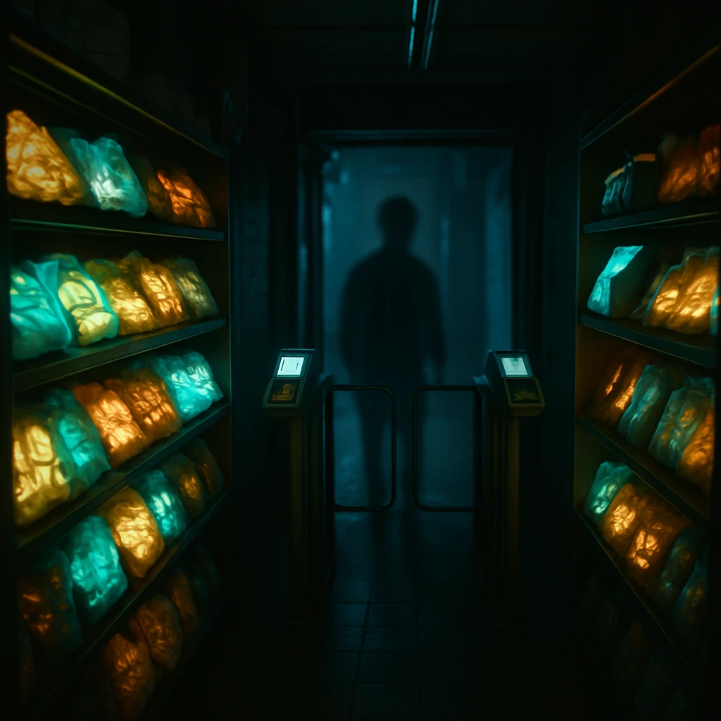 夜の薄暗い無人店舗の店内で、青白い光と浮遊する決済端末、透けた幽霊のような来店客が入り口のゲートに近づいている様子。