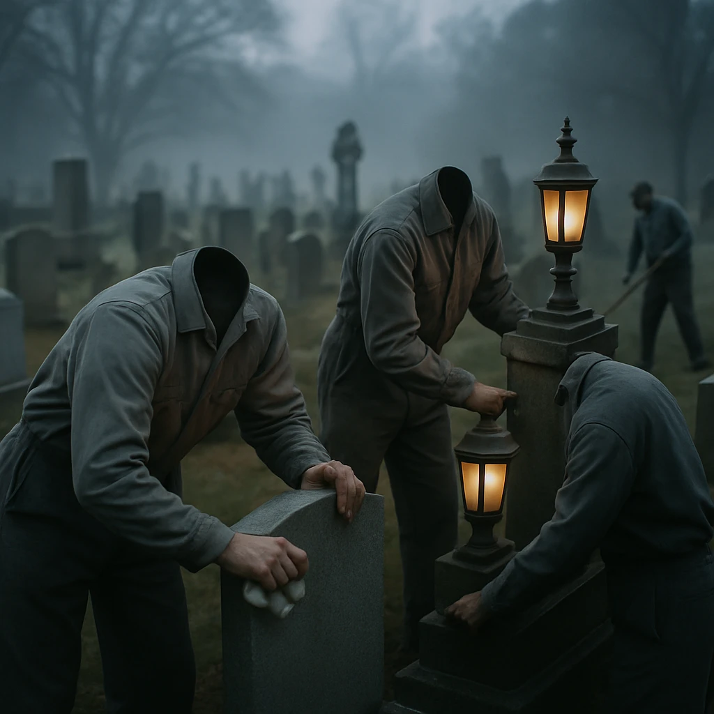 霧が立ちこめる墓地で首のない作業員たちが墓石磨きや灯篭設置作業をしている様子の写真。