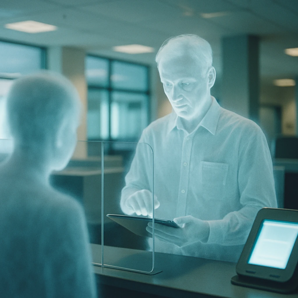 現代風のオフィスでタブレット端末を操作しながら半透明の職員が顧客に対応している様子の写真。
