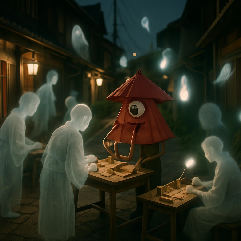夜の細い路地で幽霊や妖怪たちが技能シェアの市を開いている様子の写真。