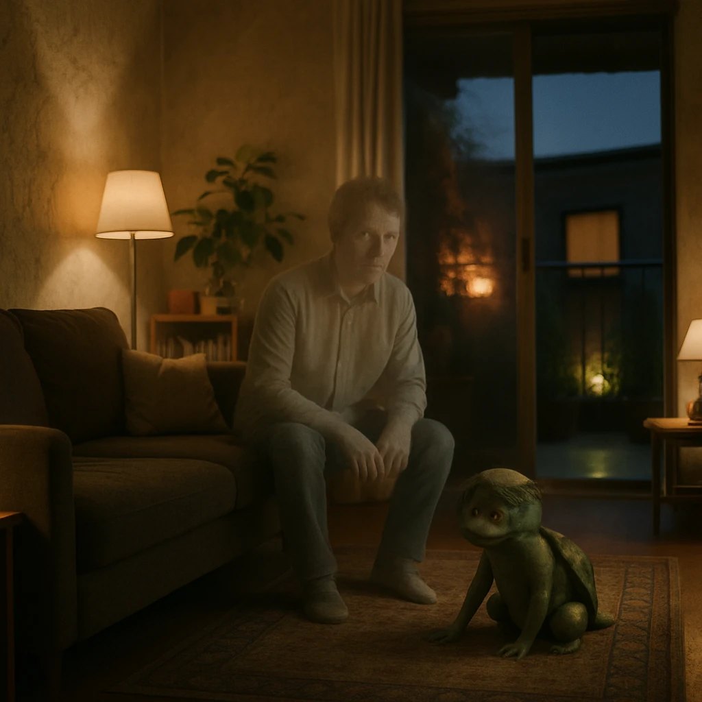 夕暮れ時の賃貸マンションのリビングで、幽霊のような人物と小型の河童風妖怪がくつろいでいる様子。