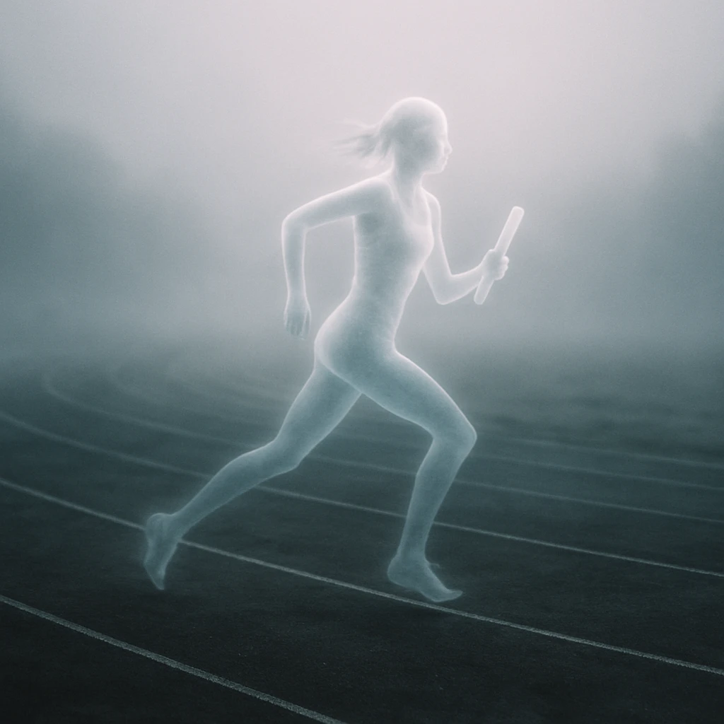 霧に包まれた異界のランニングコースを駆け抜ける半透明の女性幽体ランナーの写真。