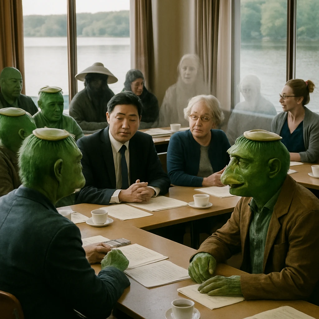 池畔の議事堂で、河童や妖怪、幽霊たちが円卓を囲んで議論する様子の実写風写真。