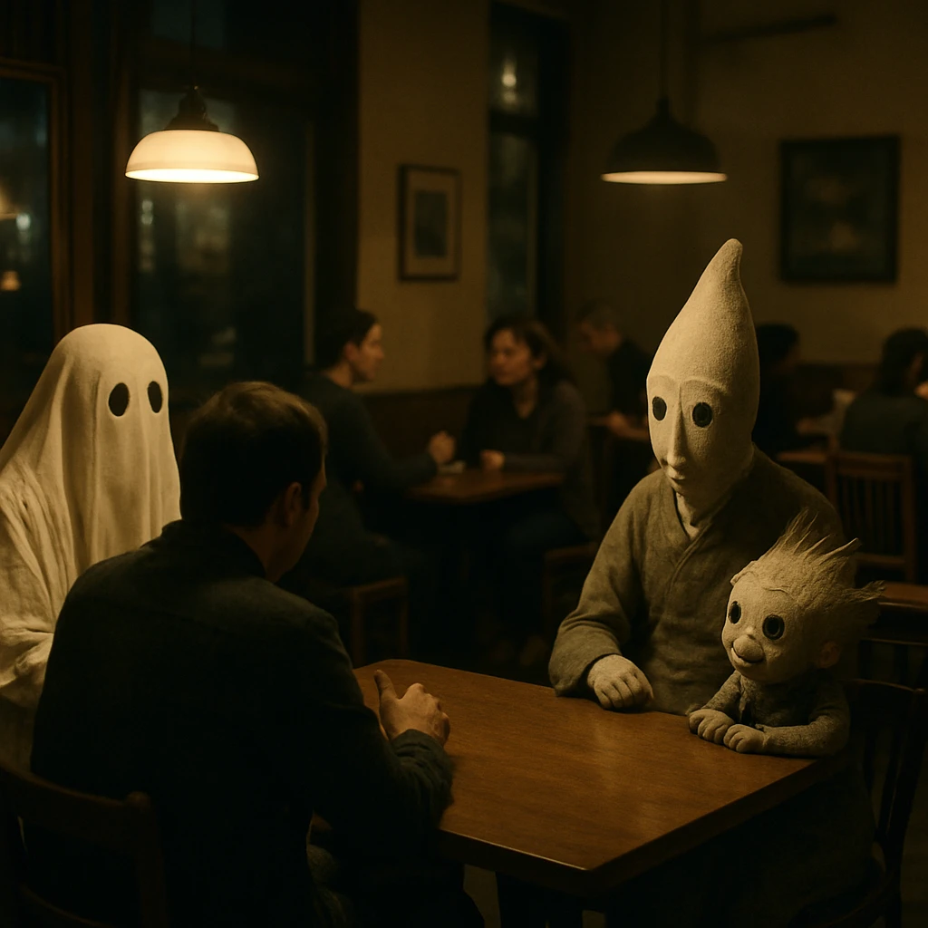 夜のカフェで幽霊や妖怪の親子、住民たちが和やかに交流する様子を撮影した写真です。