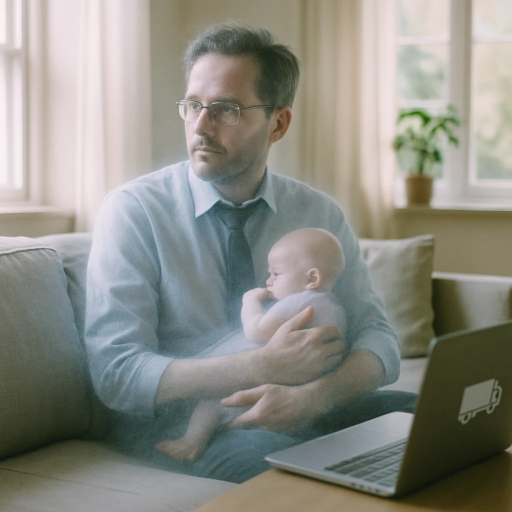 リビングのソファで半透明の赤ちゃんを優しく抱きしめる幽霊の父親が、ノートパソコンを見つめている写真。