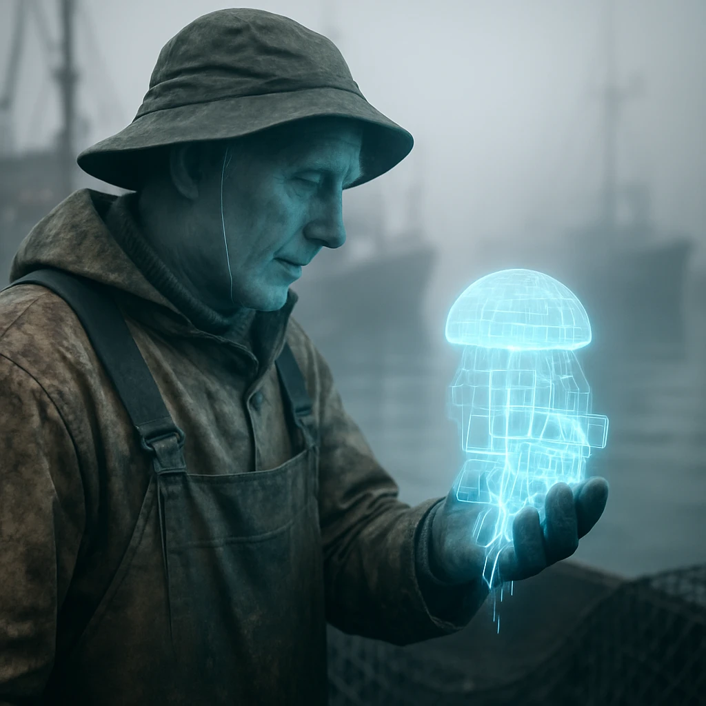 霧がかかった港で、伝統的な装いの幽霊漁師が手のひらで淡く光るクラゲ型データ資産を見つめている写真。