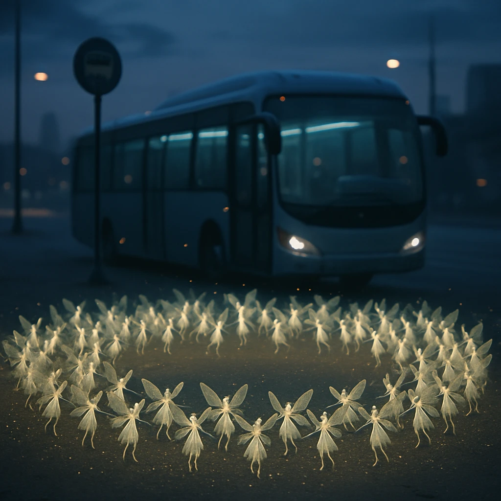 深夜のバス停前で半透明のバスを背景に、発光する多数の妖精たちが輪になって抗議の舞を踊っている様子。