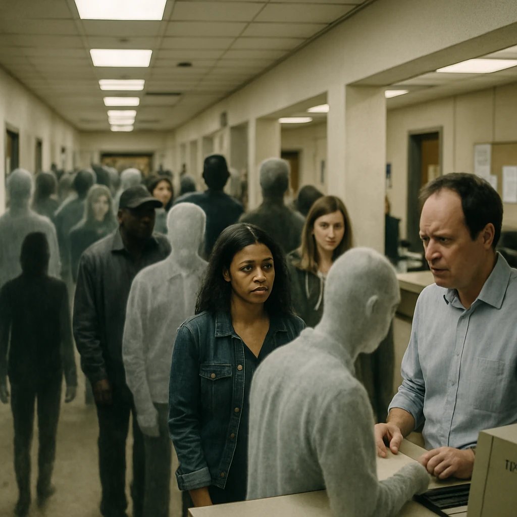 役所の廊下で幽霊や影のような存在が長蛇の列に並んでいる写真風の画像です。