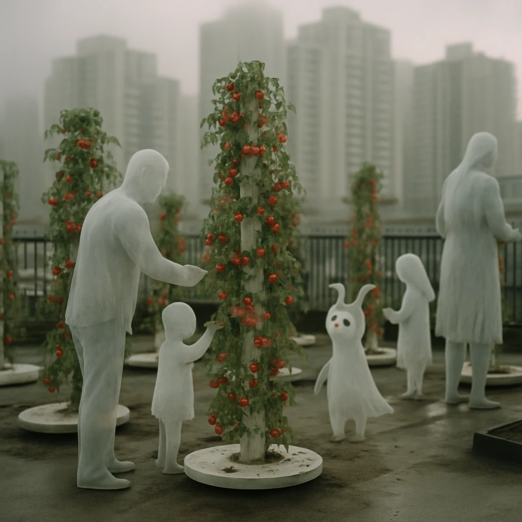 霧がかった高層団地の屋上で多彩な幽霊や精霊たちがミニトマトのタワー型栽培施設の手入れをしている様子の写真。
