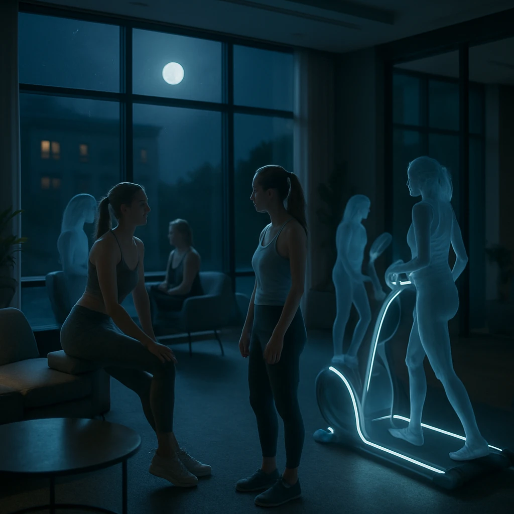 月光が差し込むモダンなフィットネスラウンジで、半透明の女性たちが運動や会話を楽しむ様子の写真。