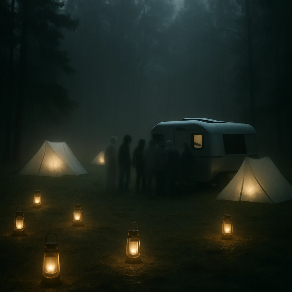 夜の霧が立ち込める林間で淡く光るランタンや半透明のテントが並び、幽かな幽霊たちと小型の山小屋が見える光景。