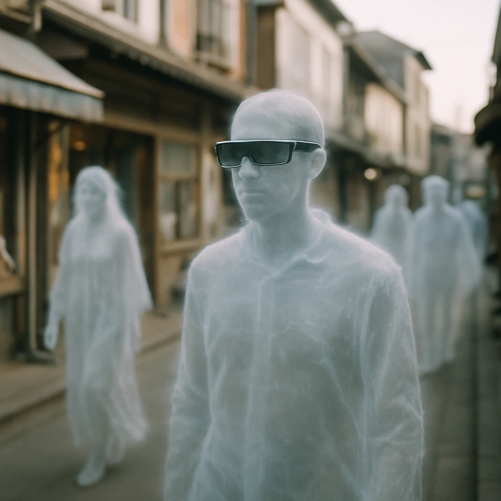 薄く透けた幽霊がスマートグラスをかけて懐かしそうな商店街を他の霊たちと歩いているリアルな写真風のイメージ。