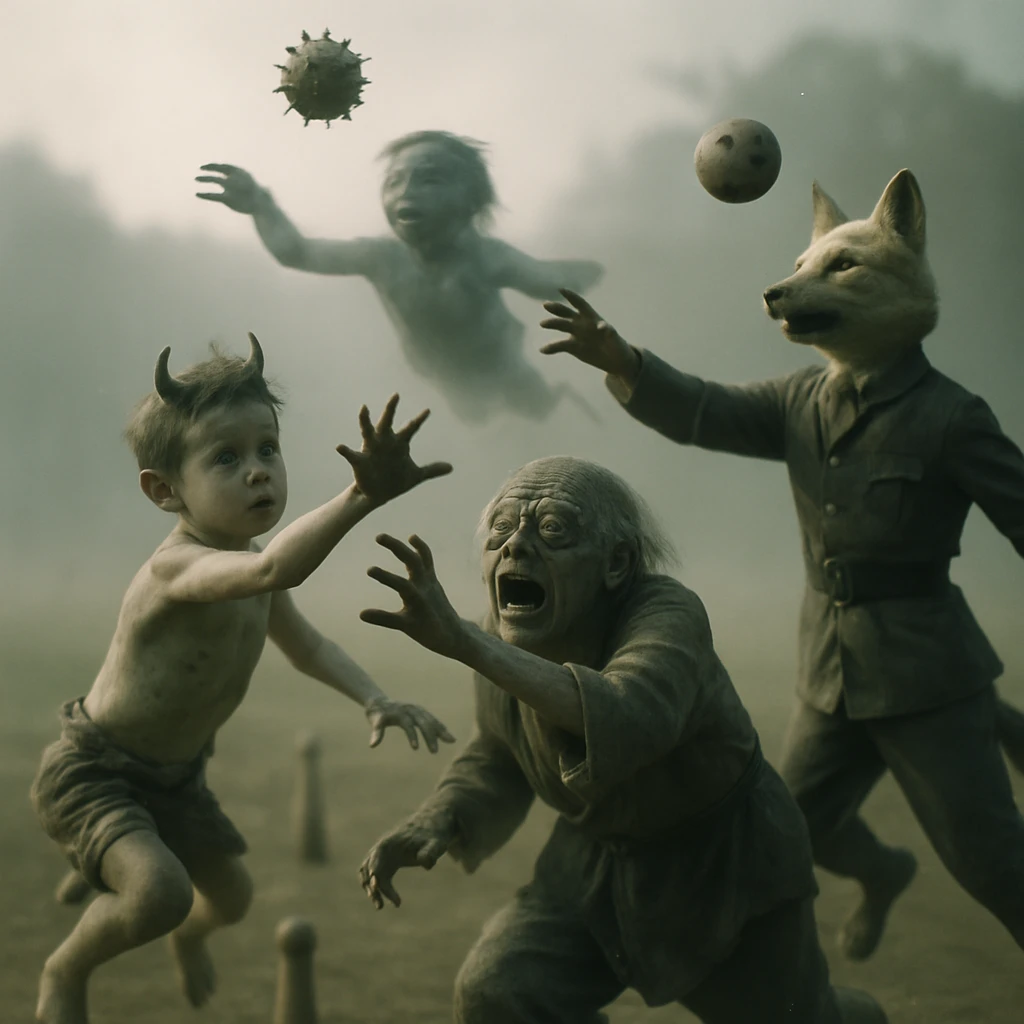 重力ゼロ空間で多様な幽霊や妖怪たちがボールとピンを使って競技する様子の実写風写真。