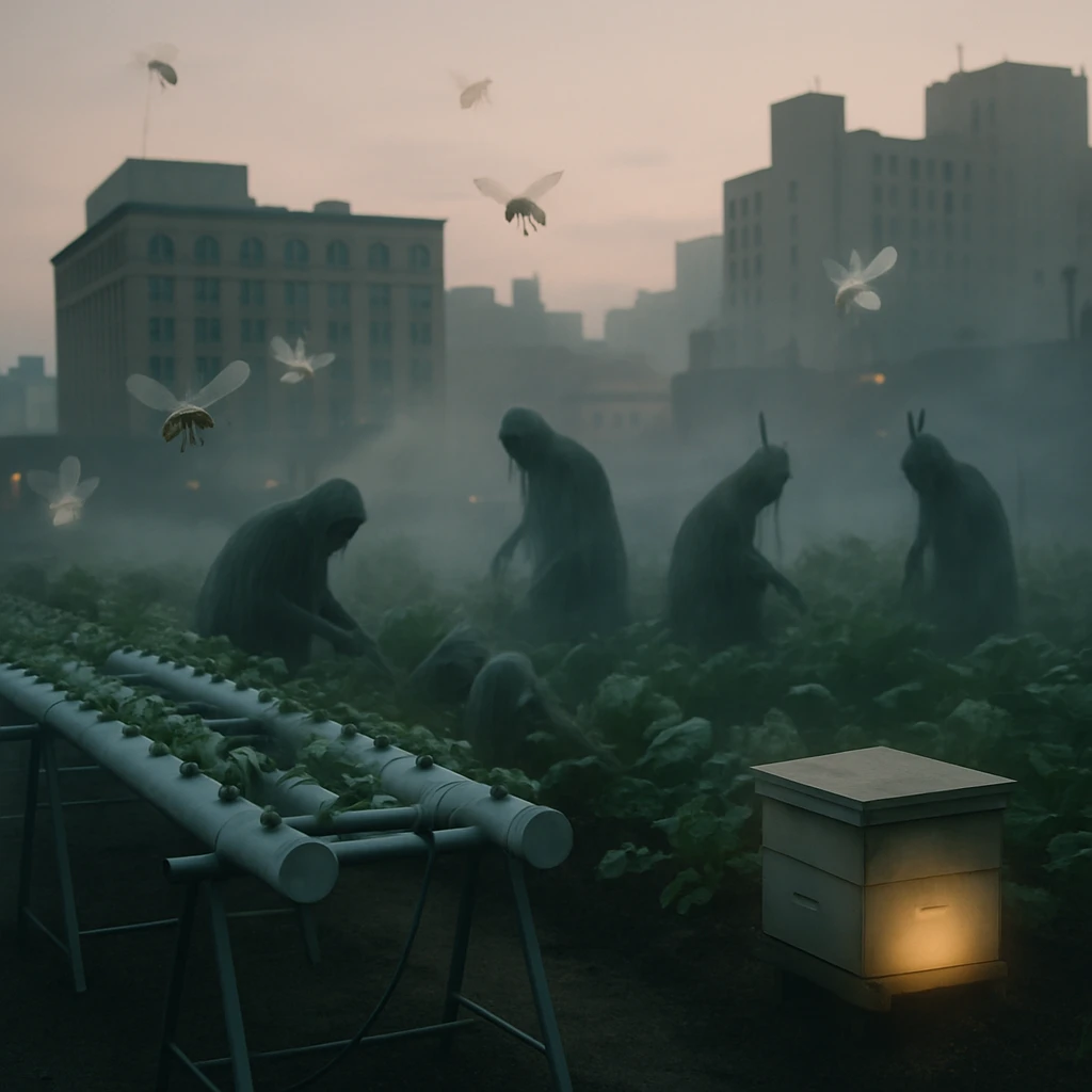 都市の百貨店屋上で、霧の中に半透明のみつばちや幽霊・妖怪が幻想的に農作業する様子の写真風画像。