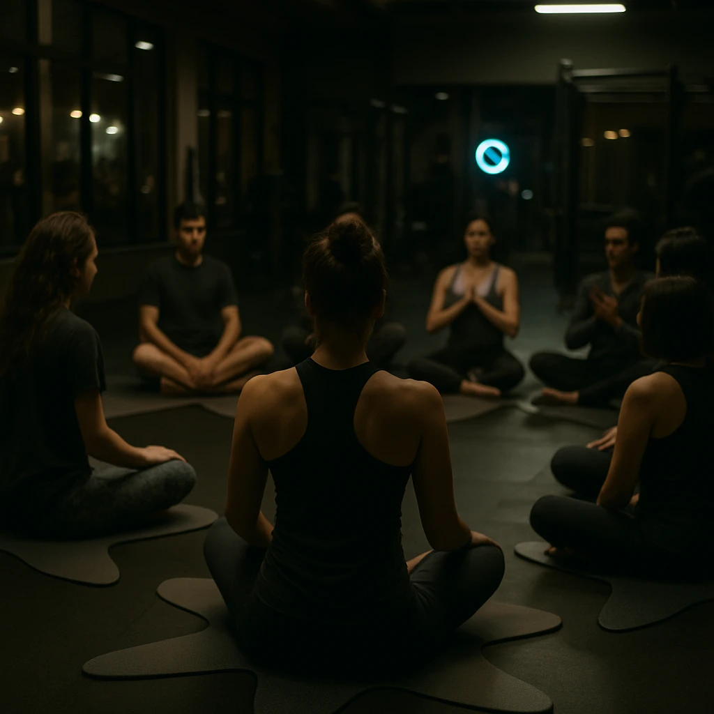 薄暗い室内でアスレジャーウェアを着た人々が輪になってヨガのポーズを取っている様子の写真。