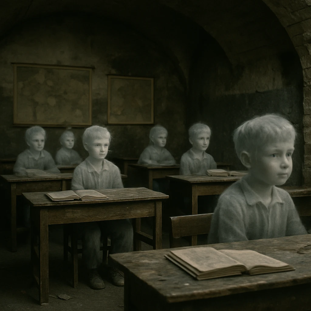 廃墟の地下教室で若い幽霊たちが机に座り討論している様子の写真。