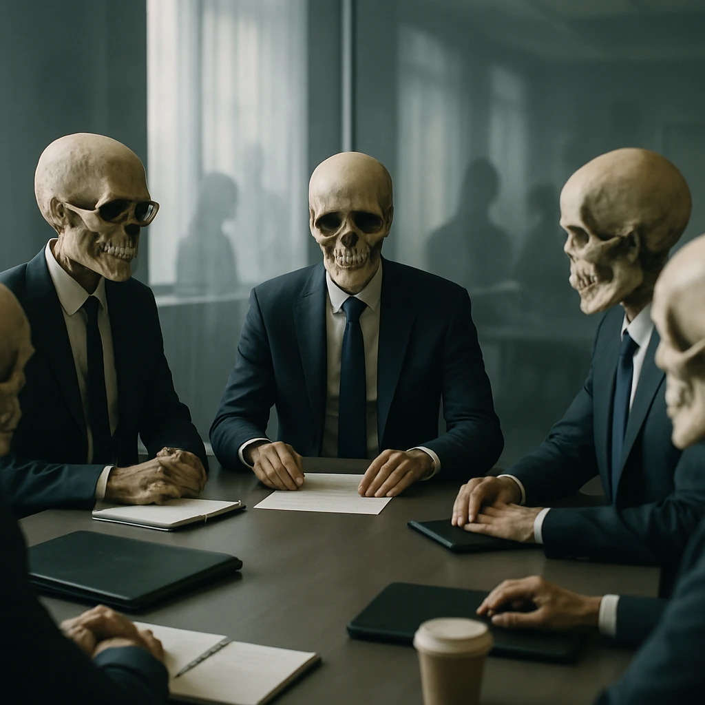 骸骨姿のコンサルタントたちがオフィスの会議テーブルで打ち合わせをしている写真。