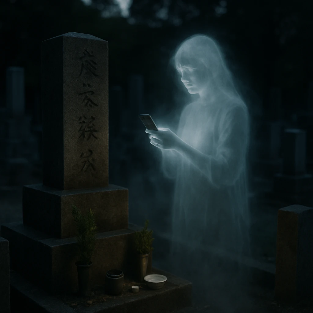 薄暗い墓地でスマートフォンを手に持った幽霊が墓石の前に立ち、画面がほのかに光っている様子の写真。