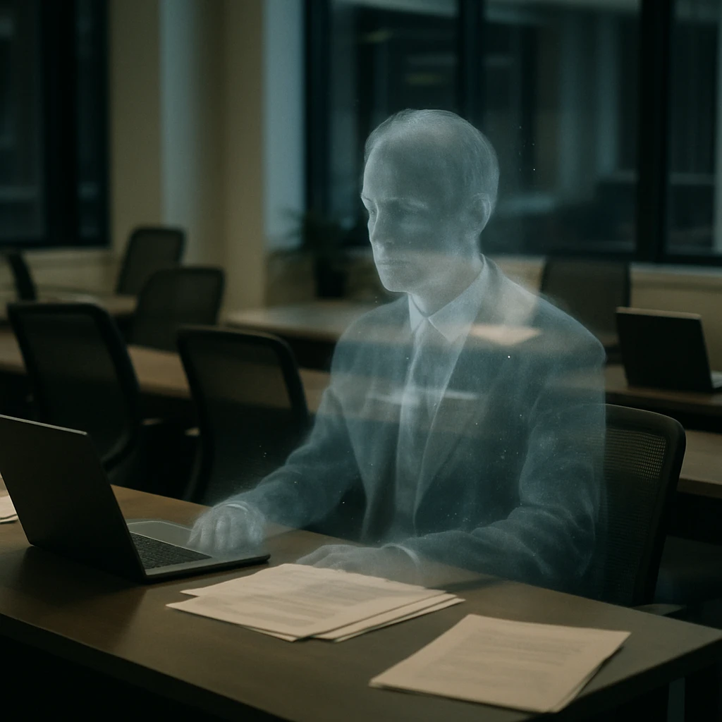 薄暗いオフィスで幽霊のように透明な人物がスーツ姿でデスクに座っている場面の写真。